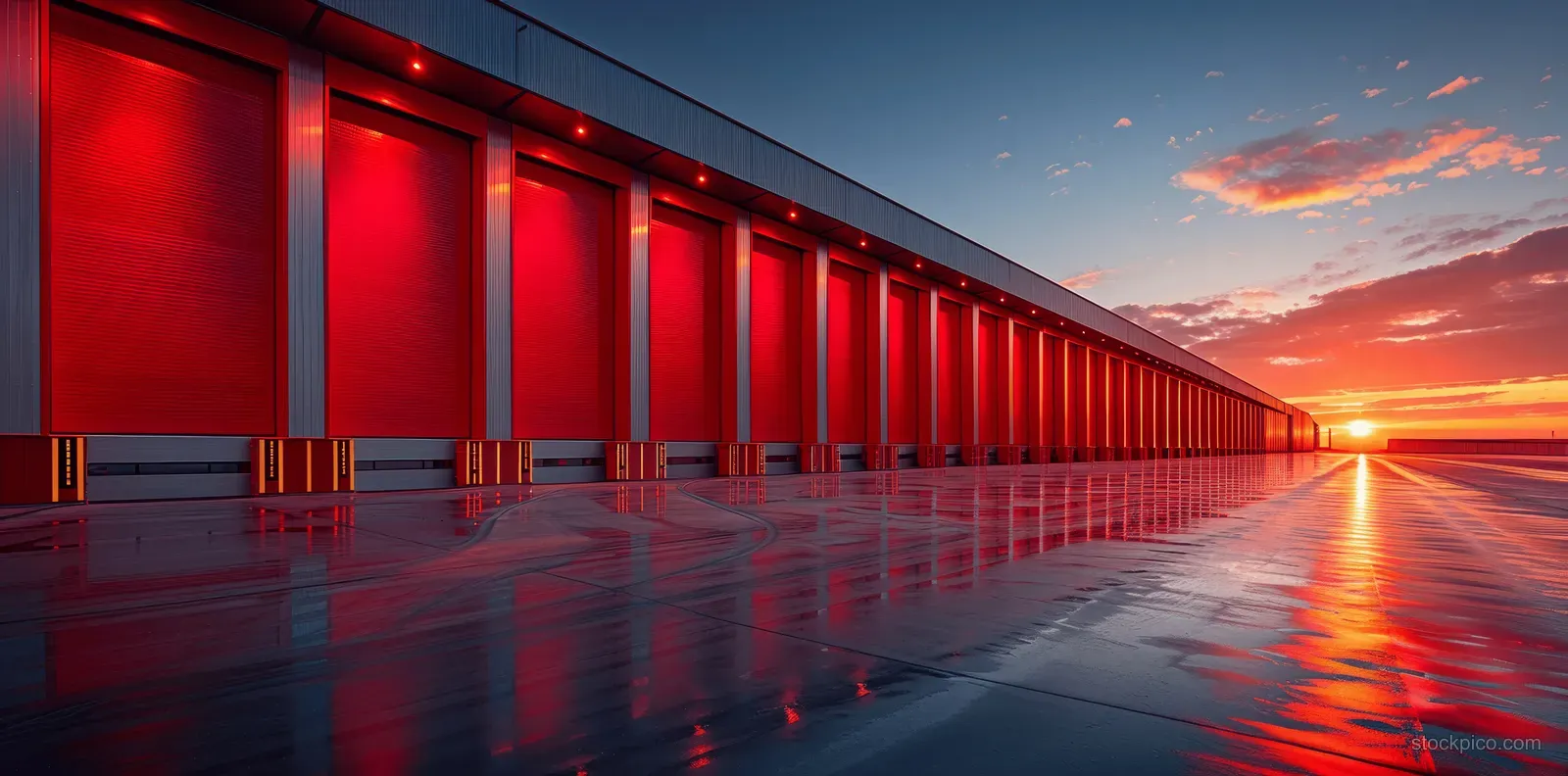 Red and silver grain silos line an industrial farm lane as sunset light reflects on wet pavement.