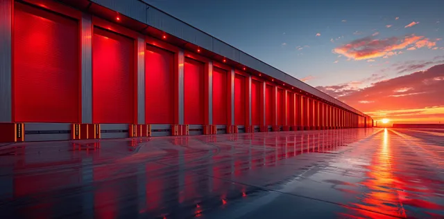 Red and silver grain silos along a wet industrial farm lane at sunset