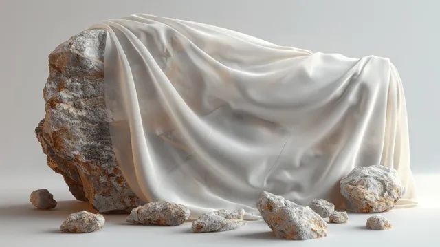White draped fabric over raw stone rock on gray studio background with soft shadows