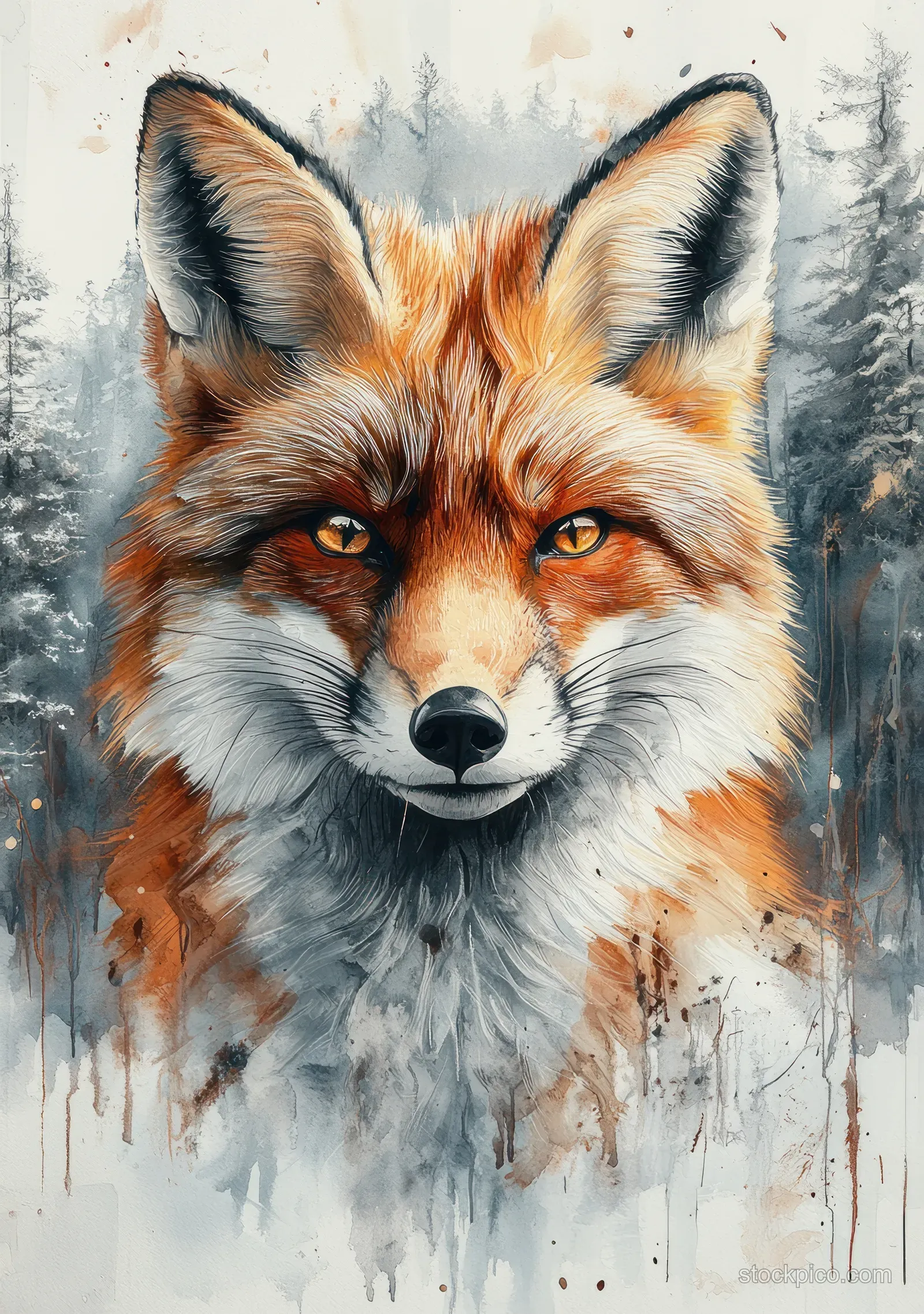 Watercolor painting of a fluffy red fox face centered in a gray-blue snowy forest with frosty splatters.
