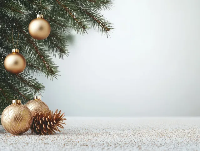 Pine branches with gold baubles hang above a rustic wooden shelf on a bright neutral wall.