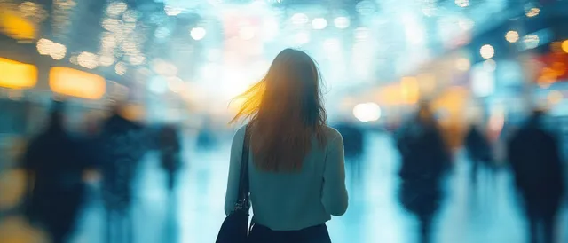 Young woman walking through busy airport terminal with blurred travelers