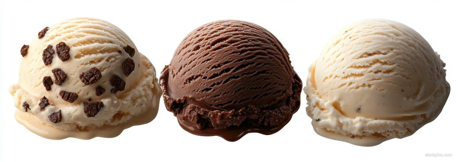 Three ice cream scoops of vanilla and chocolate flavors shown melting on a plain background.