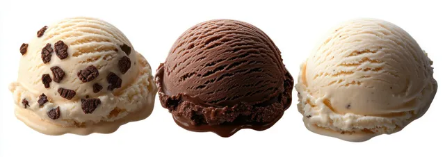 Three ice cream scoops of vanilla with chocolate chips, chocolate, and vanilla melting