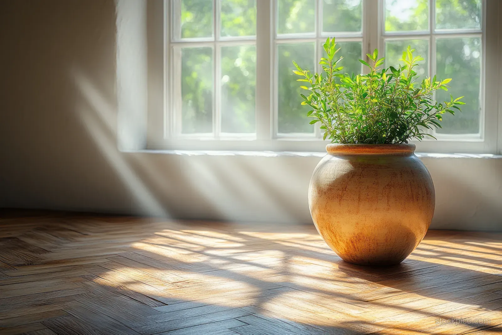 Green plant in a terracotta pot sits on a wooden floor beside a sunlit window with soft shadows.