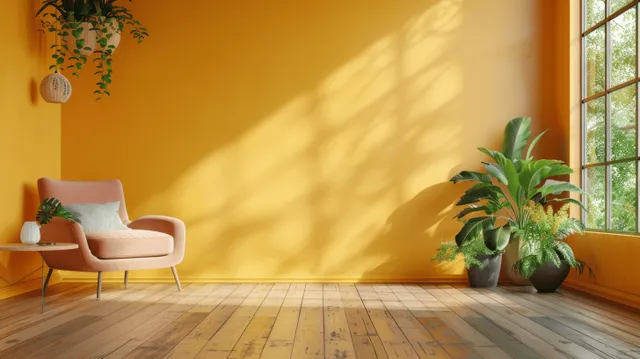 Minimalist living room 3D render with yellow wall, orange armchair, and sunlit wooden floor with Warm Color Palette