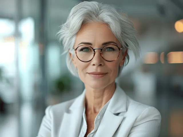 Senior businesswoman in a white blazer with glasses smiles with arms crossed in a blurred office hallway.