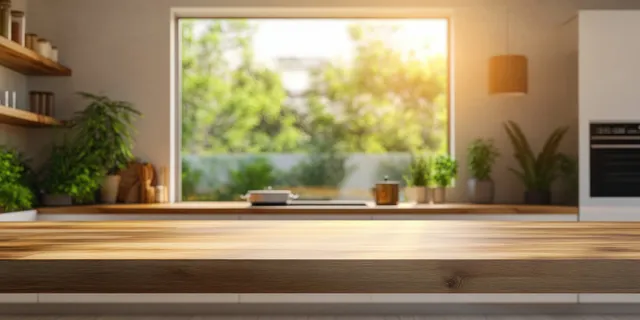 Wooden kitchen countertop in a sunlit room with a wide window, potted plants, and small items on the sill.