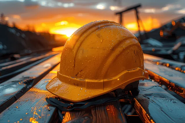 Yellow hard hat resting on wet wooden planks at a rainy construction site, sunset glow