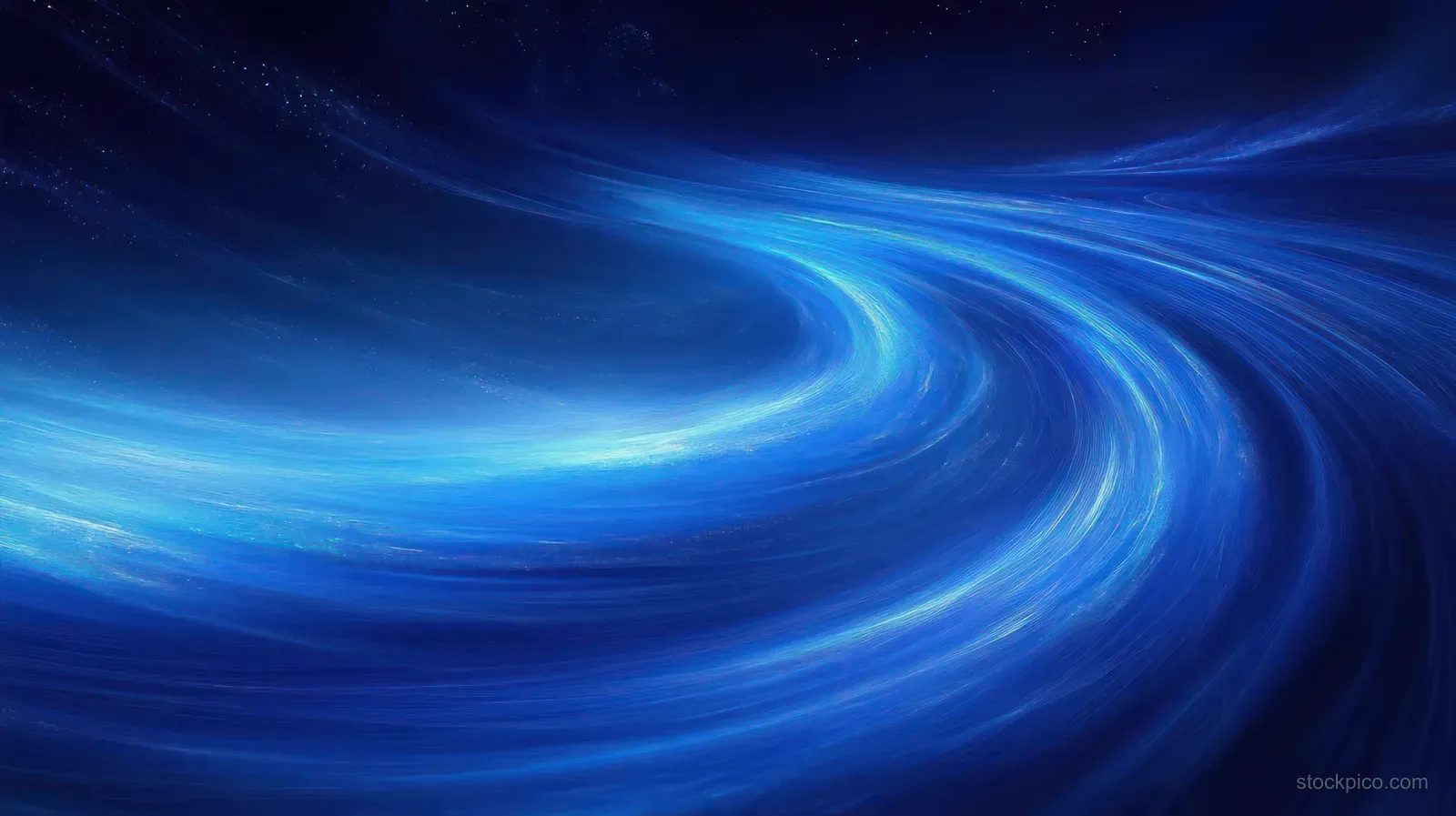 Blue light waves swirl into a glowing vortex against a dark cosmic background.