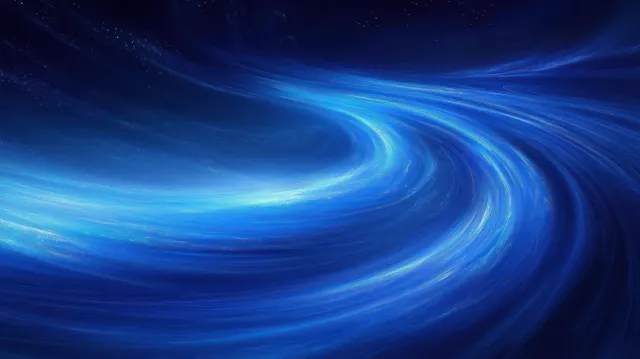 Blue light waves swirl into a glowing vortex against a dark cosmic background.