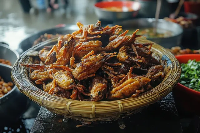 Fried frogs piled in woven basket at bustling street food stall
