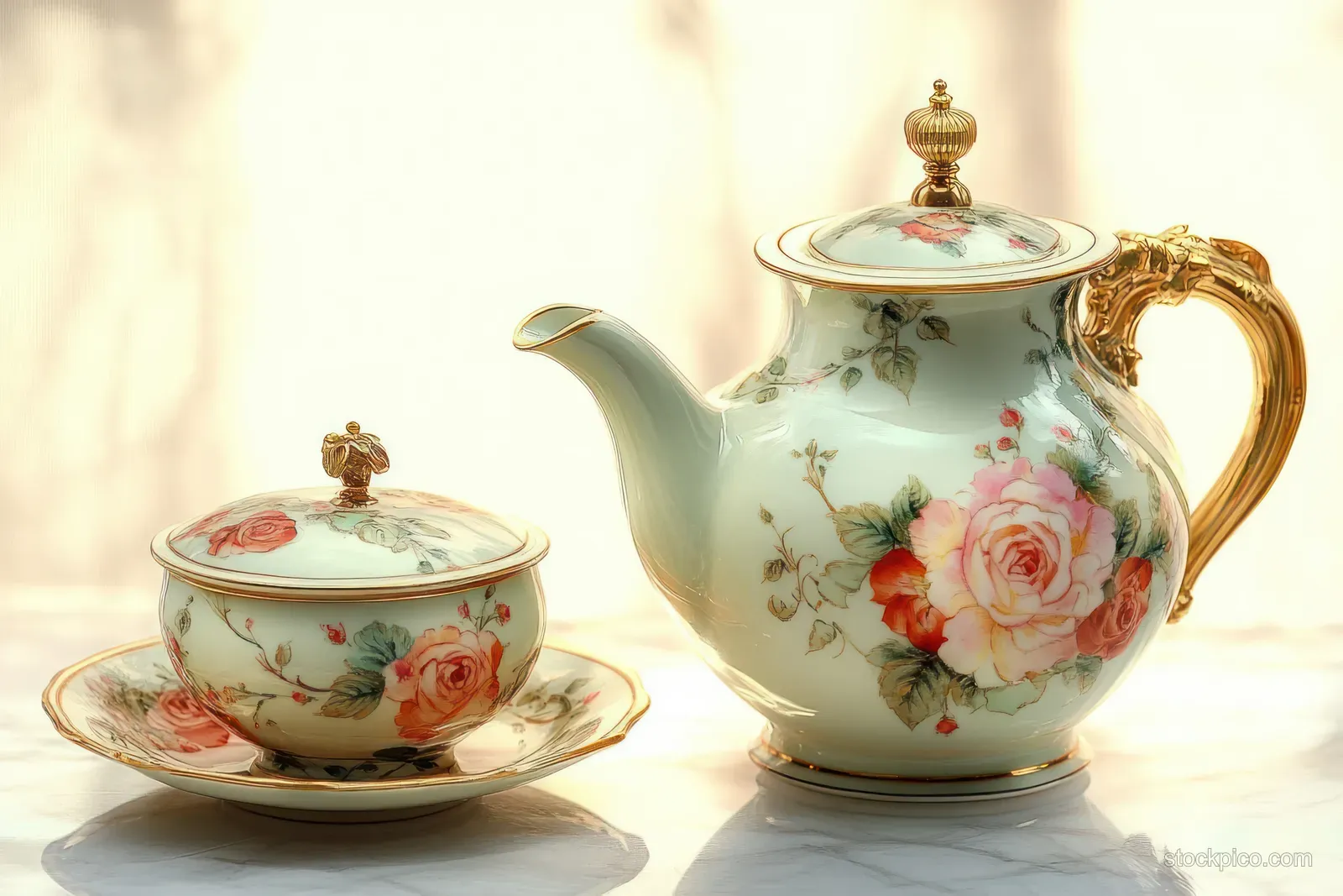 Porcelain teapot with rose floral painting and gold handle sits beside a matching cup on a pale background.