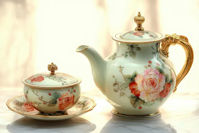 Porcelain teapot with rose floral painting and gold handle sits beside a matching cup on a pale background.