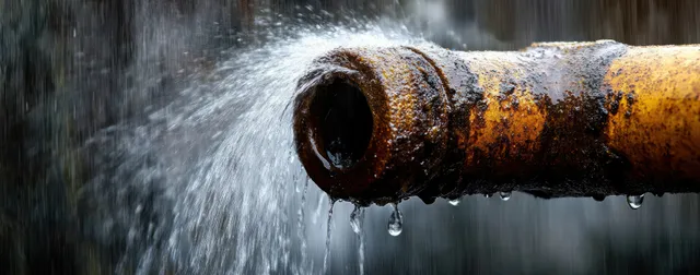 Rusty corroded pipe leaks water from a large hole, sending splashes and droplets through the air.