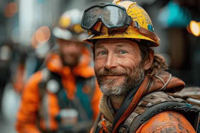 Smiling construction worker wearing a hard hat, safety goggles, and orange jacket on a busy jobsite.