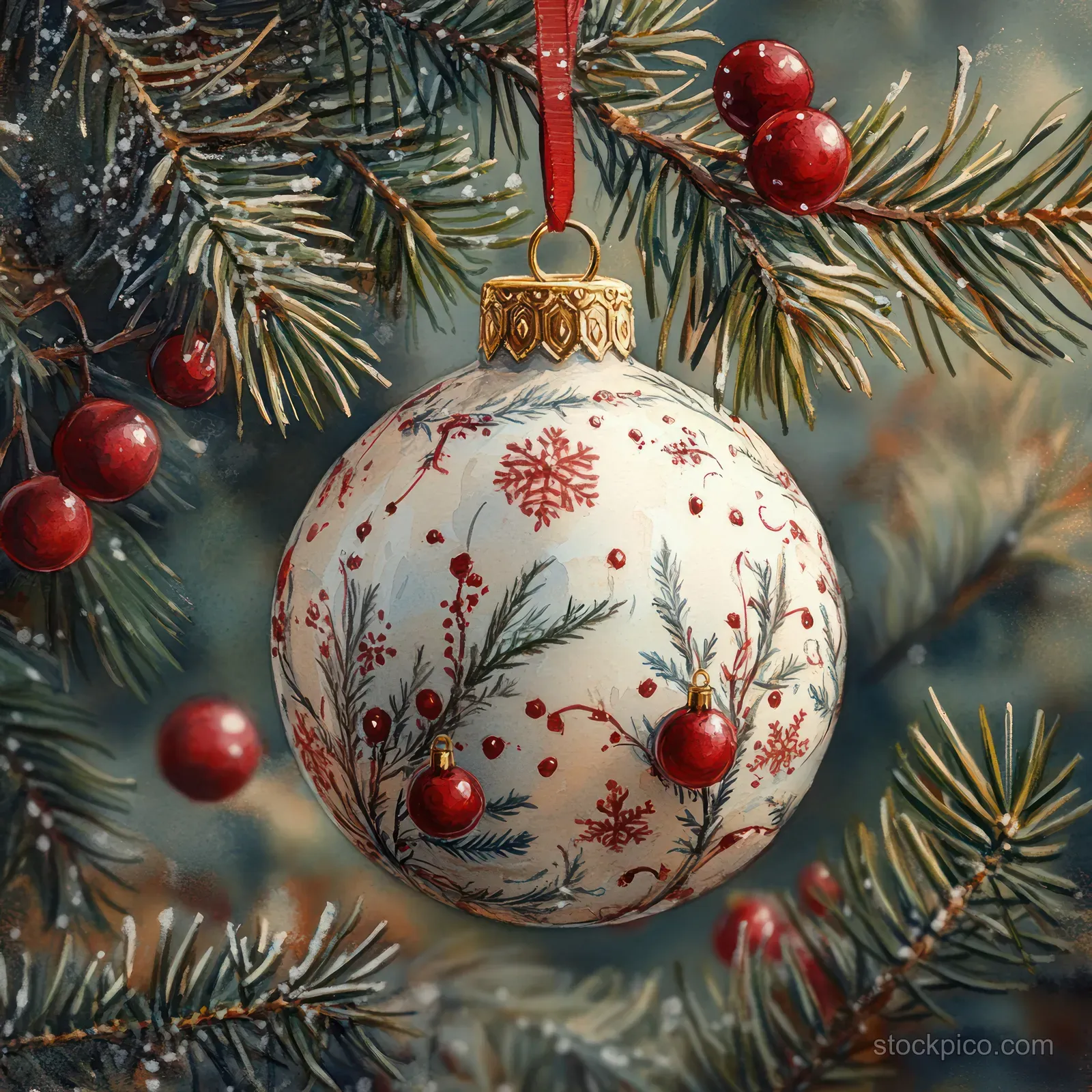 Round red-and-white Christmas ornament with floral patterns hangs from pine branches with small baubles and snowy watercolor mist.