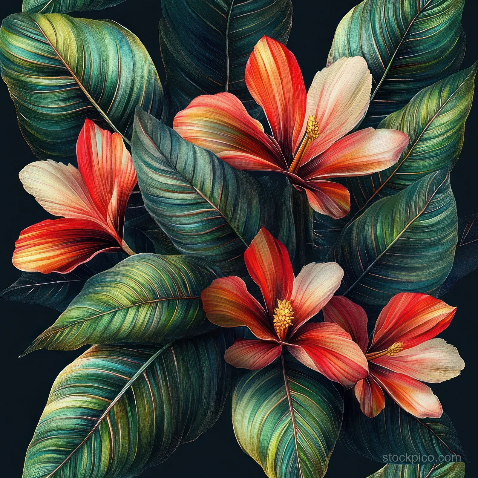 Hibiscus flowers and layered tropical leaves form a seamless floral pattern on a dark background.