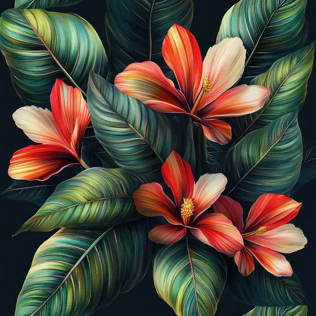 Hibiscus flowers and layered tropical leaves form a seamless floral pattern on a dark background.