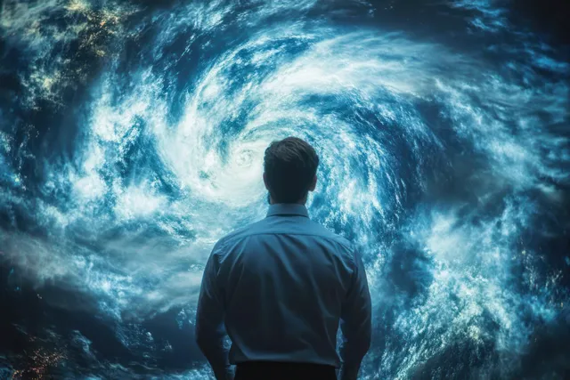 Man standing in deep space, facing a swirling blue-white cosmic galaxy vortex behind him with Exploring The Unknown