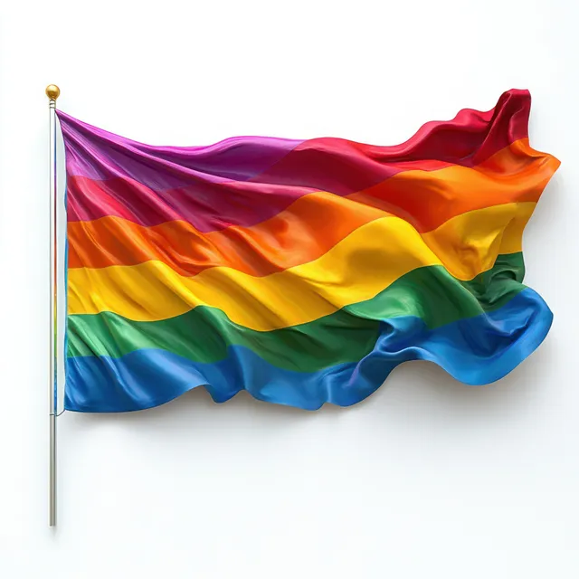 Rainbow pride flag with wavy fabric stripes fluttering on a pole against white background