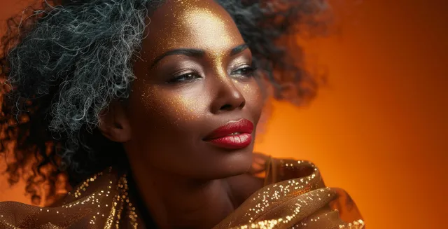 A senior Black woman with long gray hair smiles thoughtfully while isolated on a solid color background with copy space.