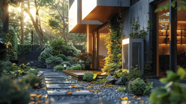 An air source heat pump unit sits outdoors beside a modern house with a glowing garden pathway at dusk.