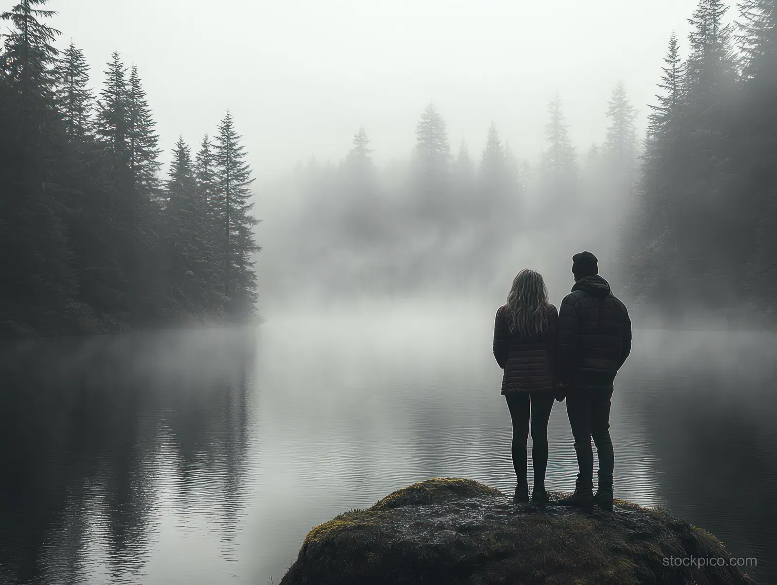 A couple stands on a mossy rock by a foggy lake with evergreen trees behind them.