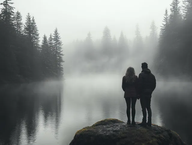 A couple stands on a mossy rock by a foggy lake with evergreen trees behind them.
