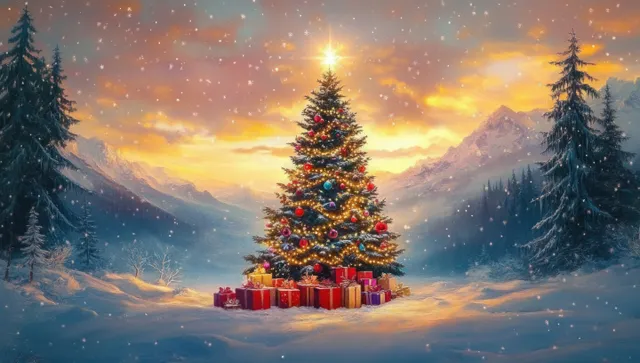 A decorated Christmas tree with glowing lights and ornaments surrounded by wrapped gifts on snowy ground at sunset.