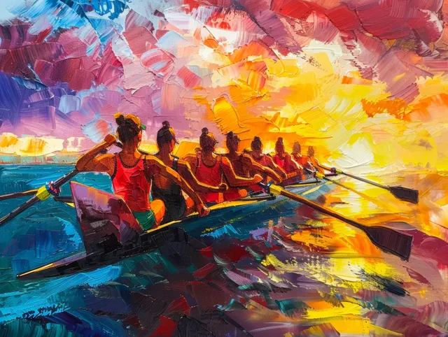 Women in a rowing eight sprint on a lake at sunset, with synchronized oars and splashing water.