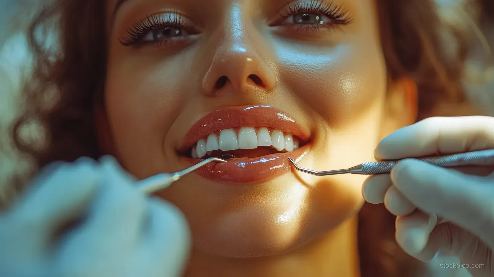 Smiling woman showing white teeth while gloved dentist holds dental tools during a close-up check-up.