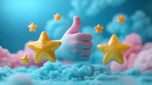 A 3D thumbs up hand with floating golden stars above fluffy pastel clouds.
