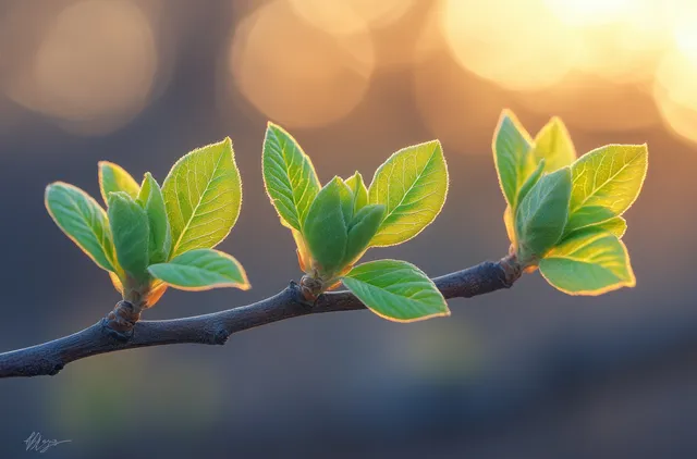 Sunlit green seedlings sprouting on textured tree branch with warm bokeh glow