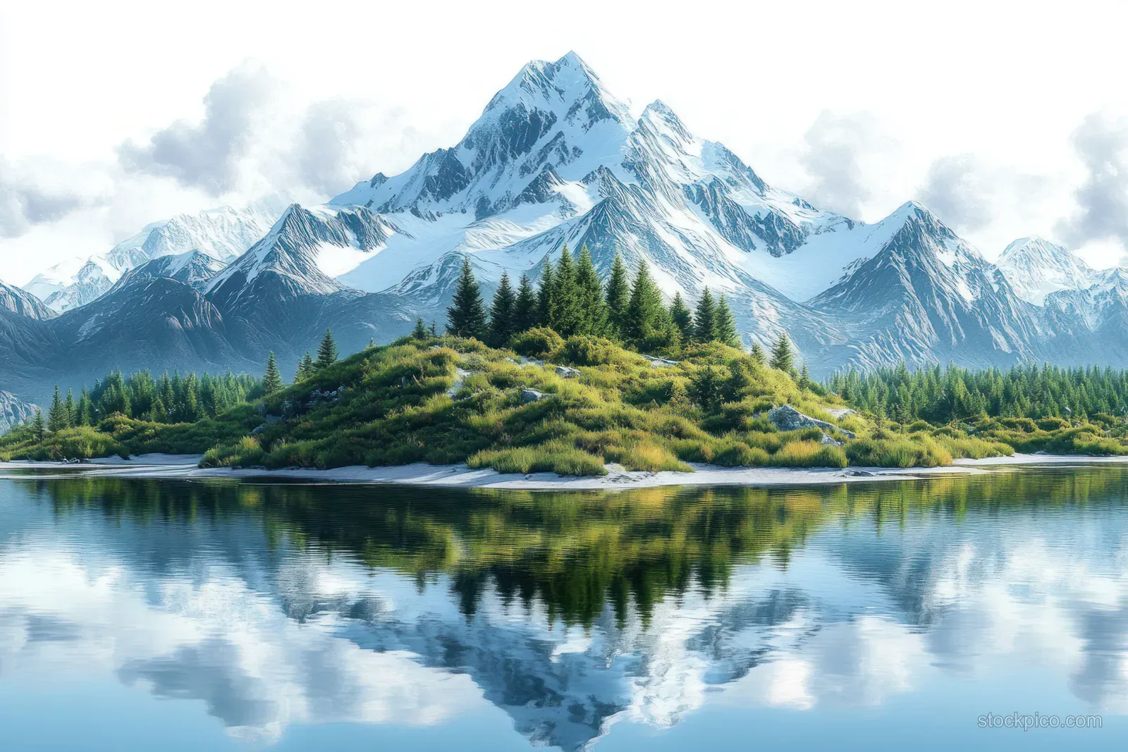Snowy mountain peak is reflected in a calm lake with a green forested island under cloudy skies.