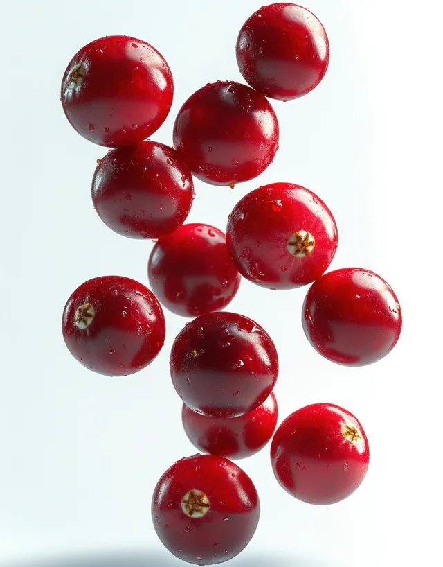 Cluster of fresh red cranberries with water droplets floating on a clean white background