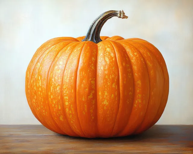 A ripe orange pumpkin sits on a wooden table under soft natural light, showing detailed ridges and curved stem.