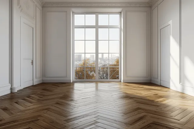 Empty room with herringbone parquet flooring, white walls, and a large window showing a city view.