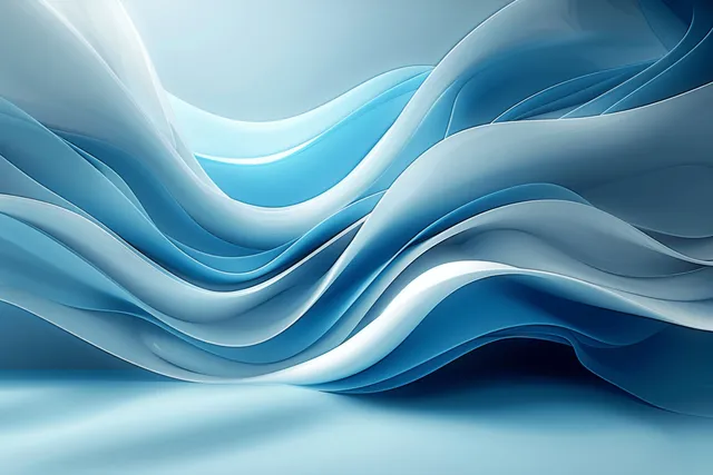 Layered blue and white ribbon waves form a smooth abstract background with soft highlights and flowing depth.