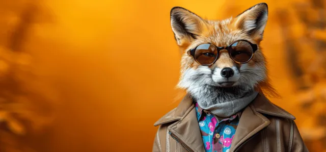 A stylish fox wearing sunglasses and a colorful outfit poses against a vibrant orange background.