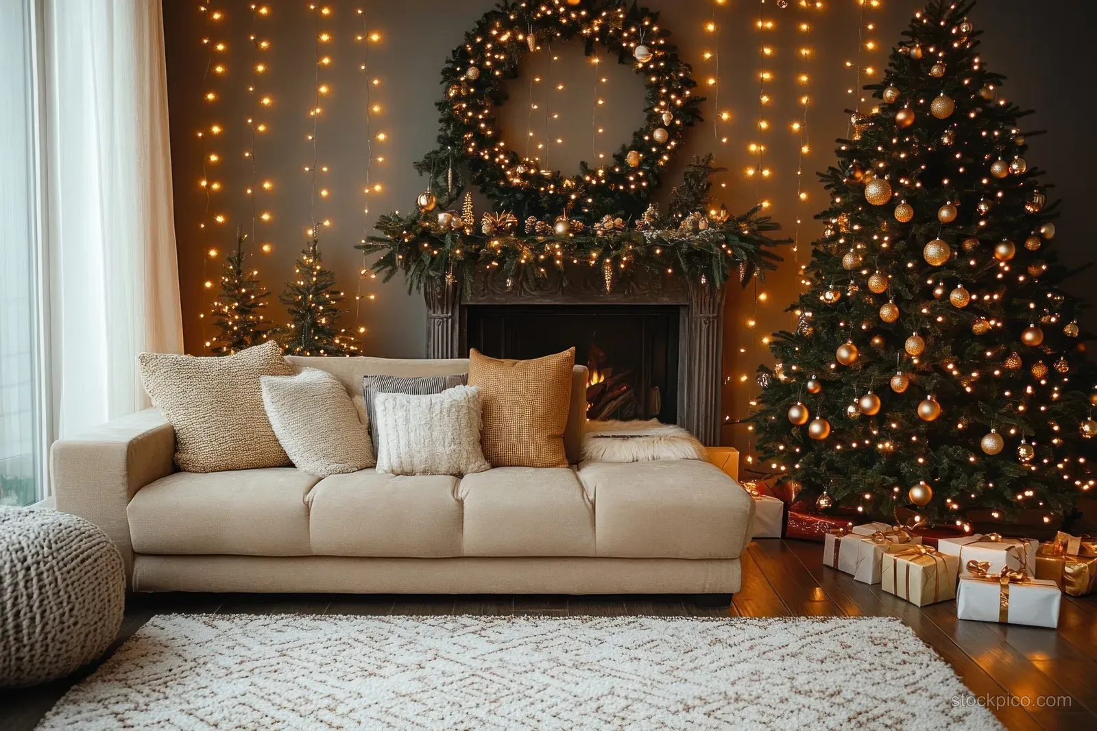 Decorated Christmas tree with warm string lights stands beside a cream sofa and wrapped gifts in a Scandinavian living room.
