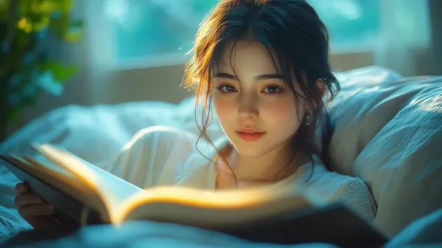A woman reads a book in bed with warm light and a blanket in a quiet evening room.