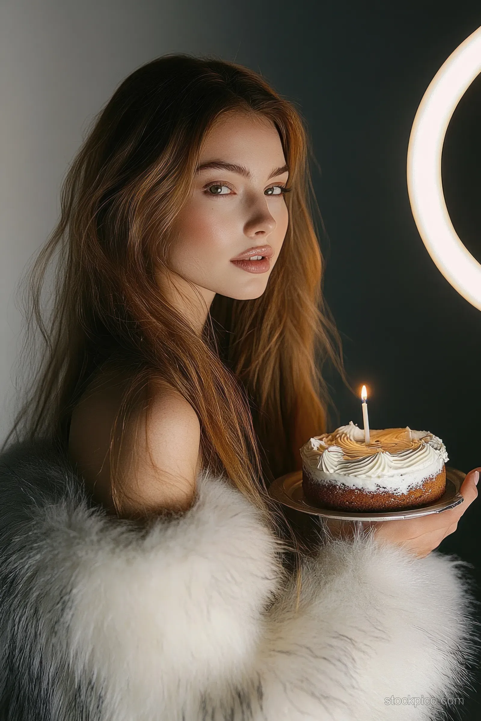 Young woman in a white fur coat holds a birthday cake with a lit candle as a ring light glows behind her.