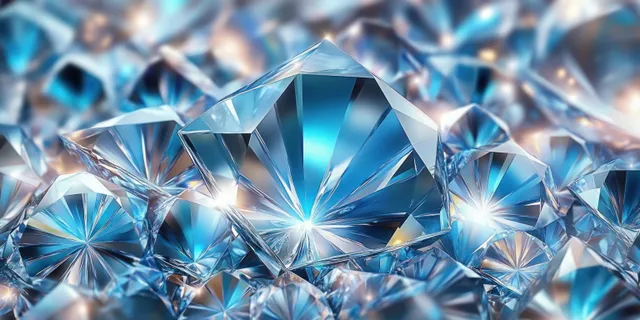Macro close-up of sparkling blue faceted crystals with bright starburst reflections