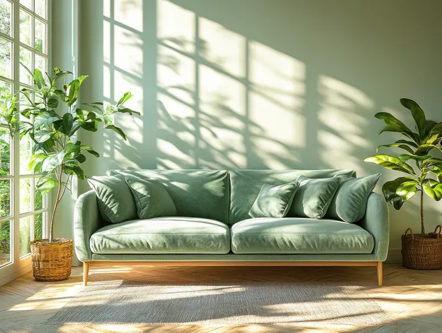 Pastel green sofa by sunlit windows with potted plants and minimalist clean-lined living room