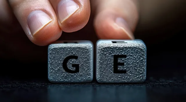Fingers Holding Textured Metal Blocks with Letters G and E