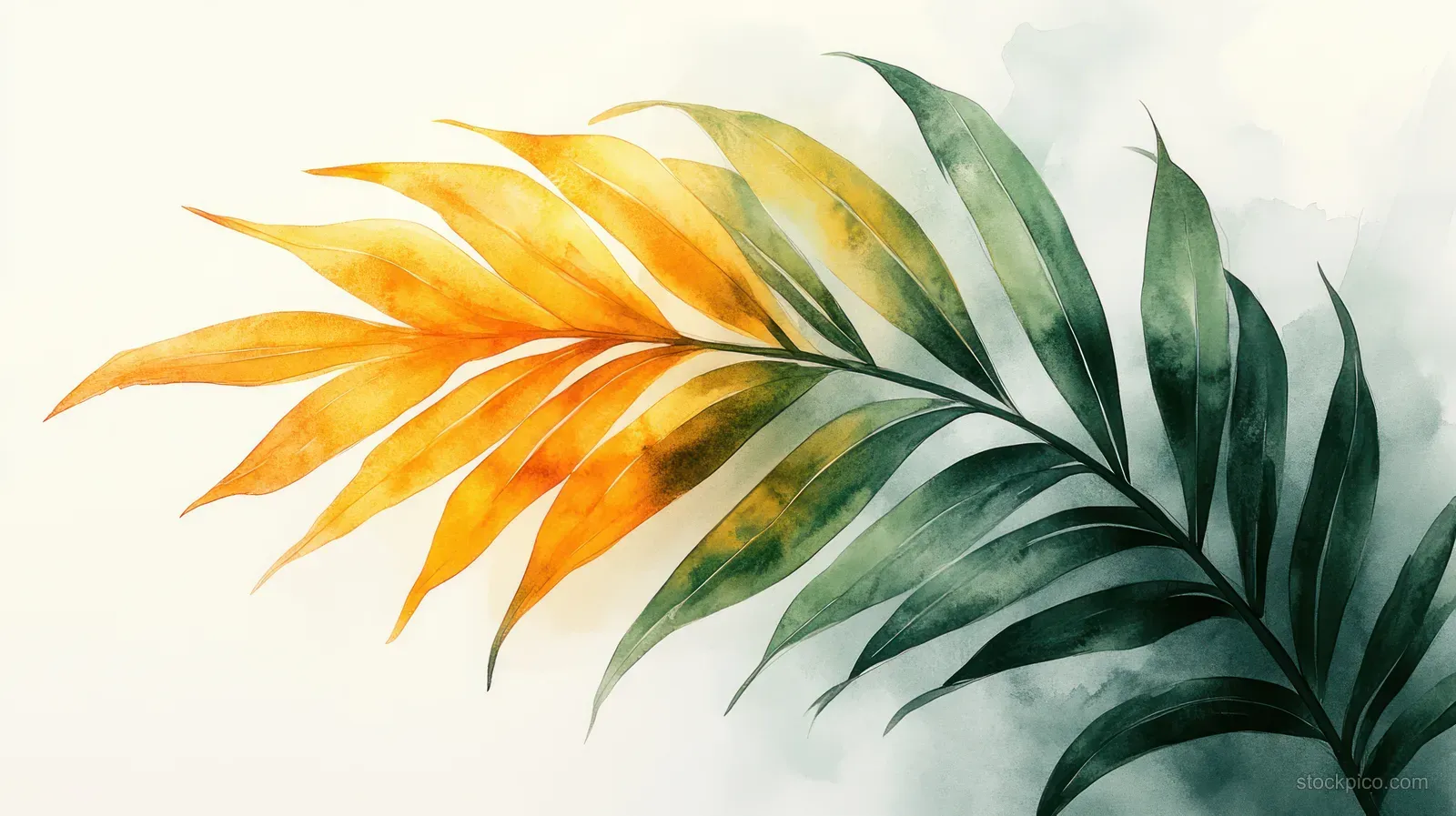 Watercolor nipa palm fronds with layered green leaves and warm golden tips on a white background.