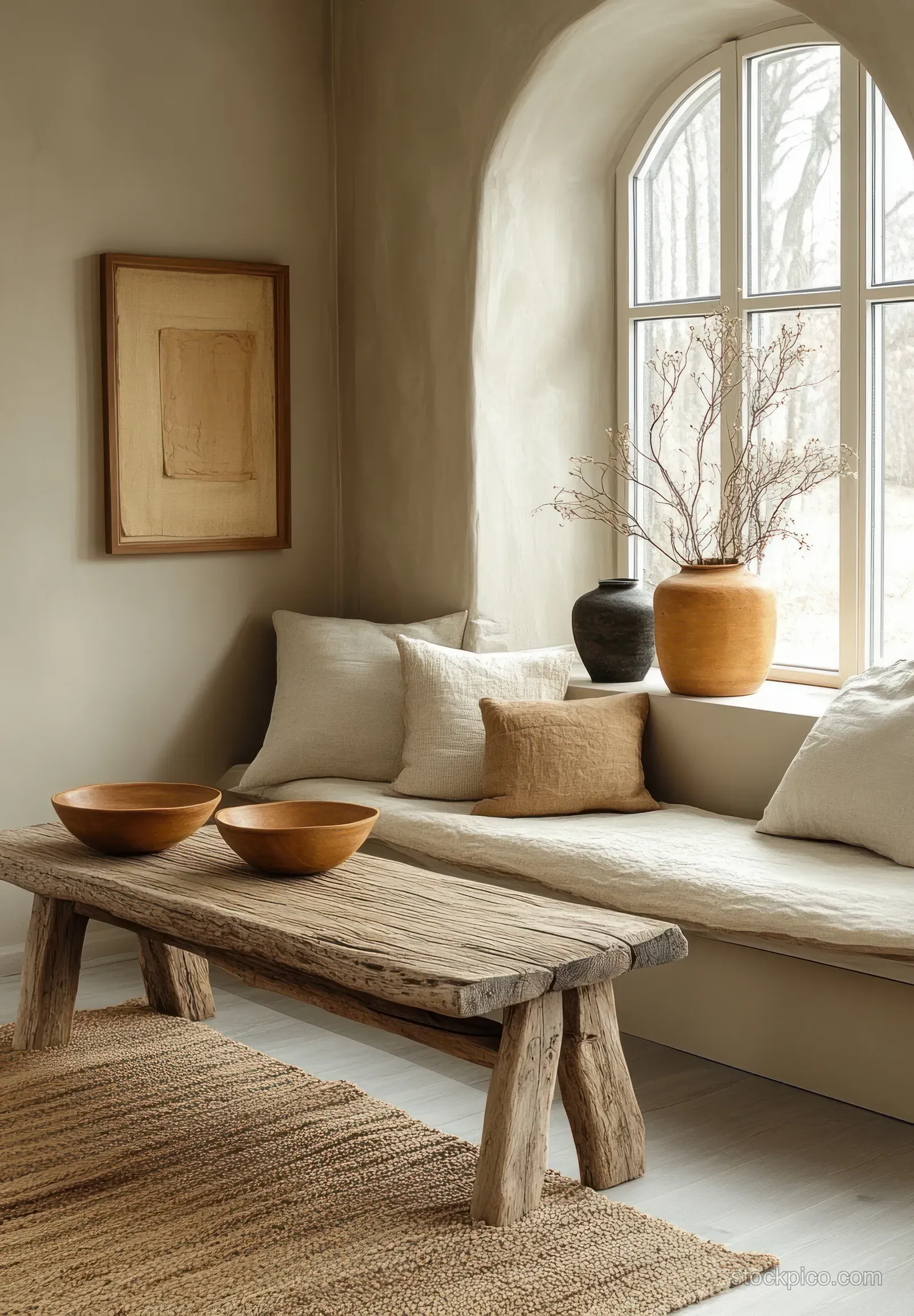 Minimalist wooden picture frame mockup on a Scandinavian wall above a sofa, with vase and chair near a sunlit window.