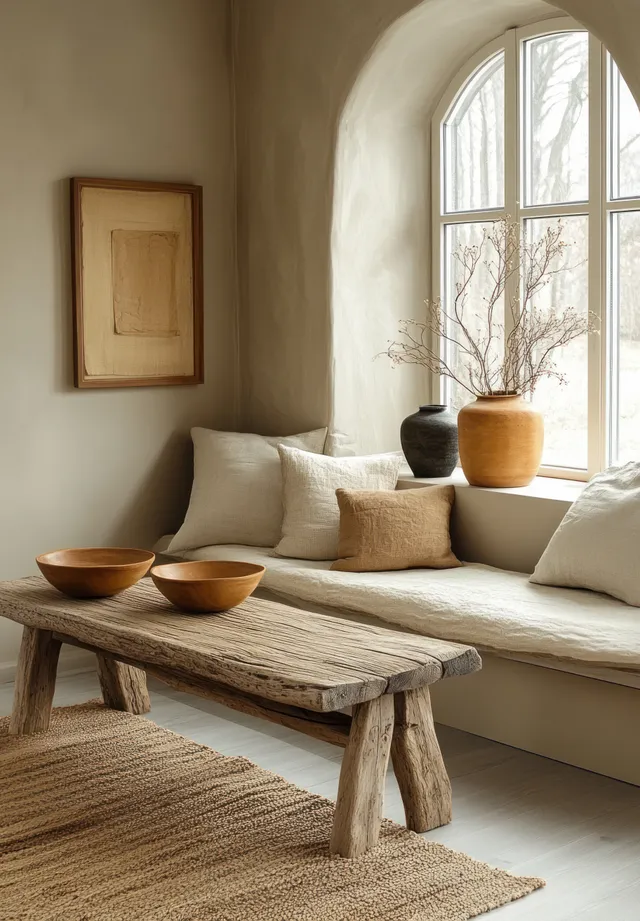 Minimalist wooden picture frame mockup on a Scandinavian wall above a sofa, with vase and chair near a sunlit window.
