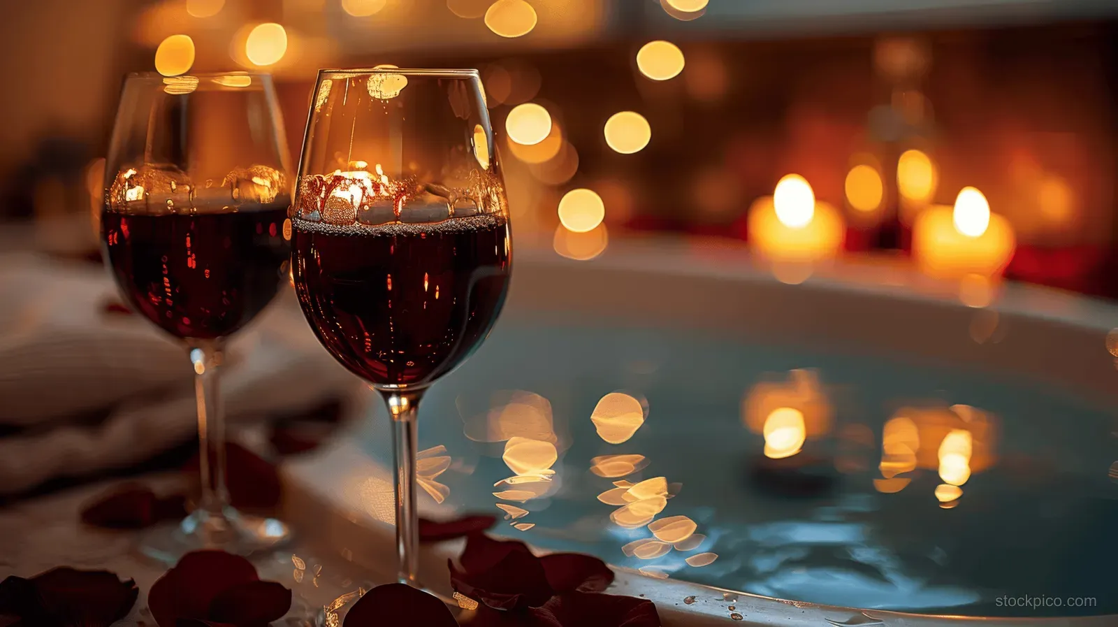 Two glasses of red wine in foreground beside a candlelit jacuzzi with glowing bubbles and rose petals.
